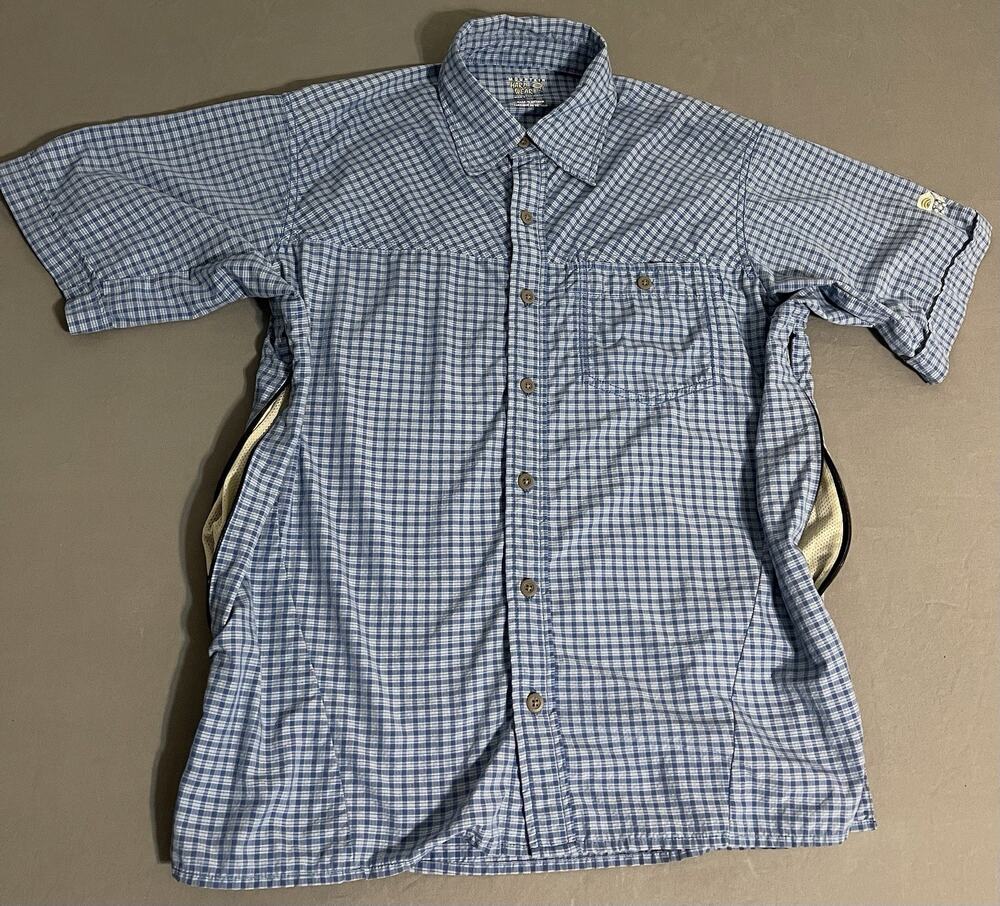 Mountain Hardwear Vented Mesh Performance SS Button Up Shirt Med Blue Gingham
